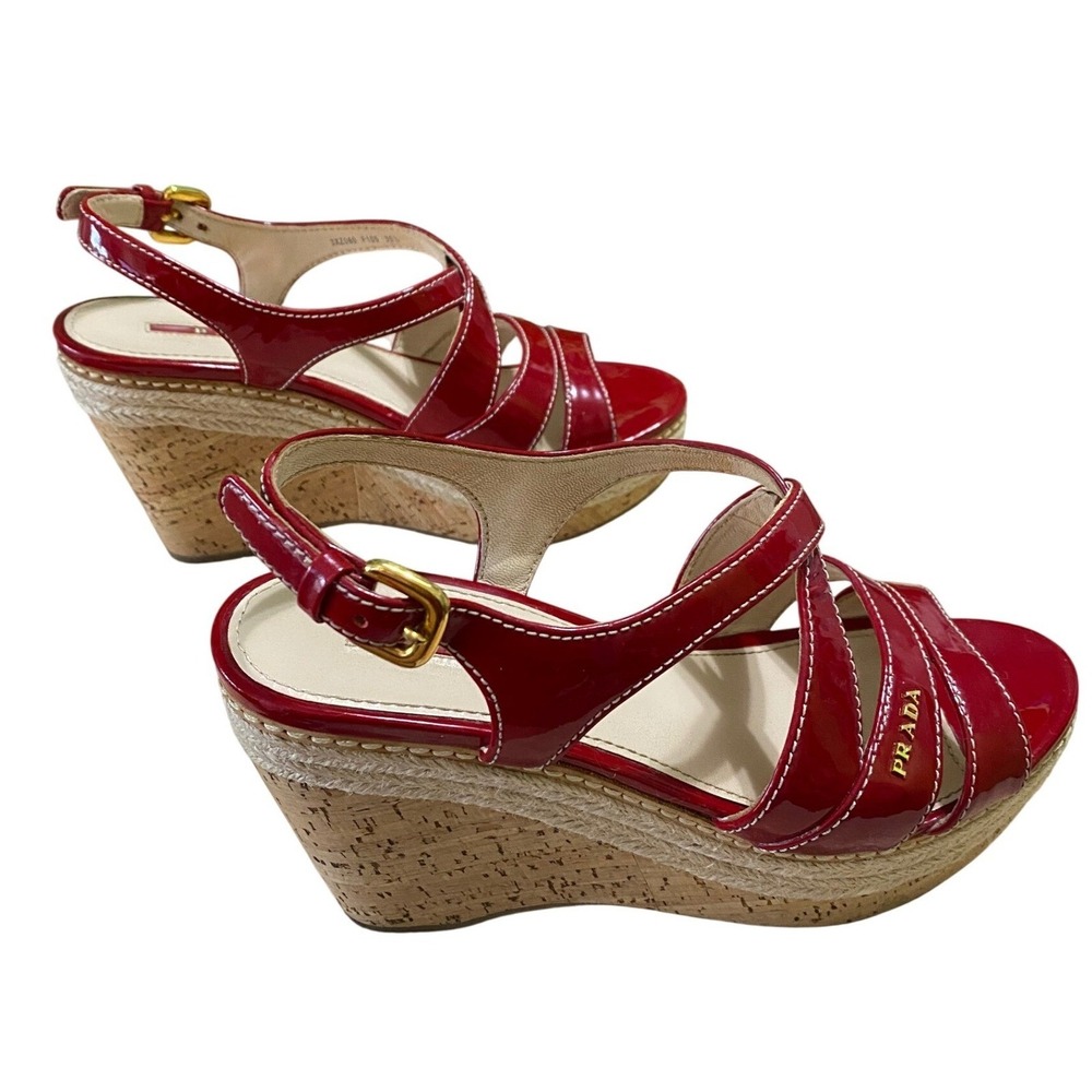 Prada Espadrille Wedge Slingback Sandals Red Patent Leather Size 5.5 Summer Chic - Picture 5 of 12